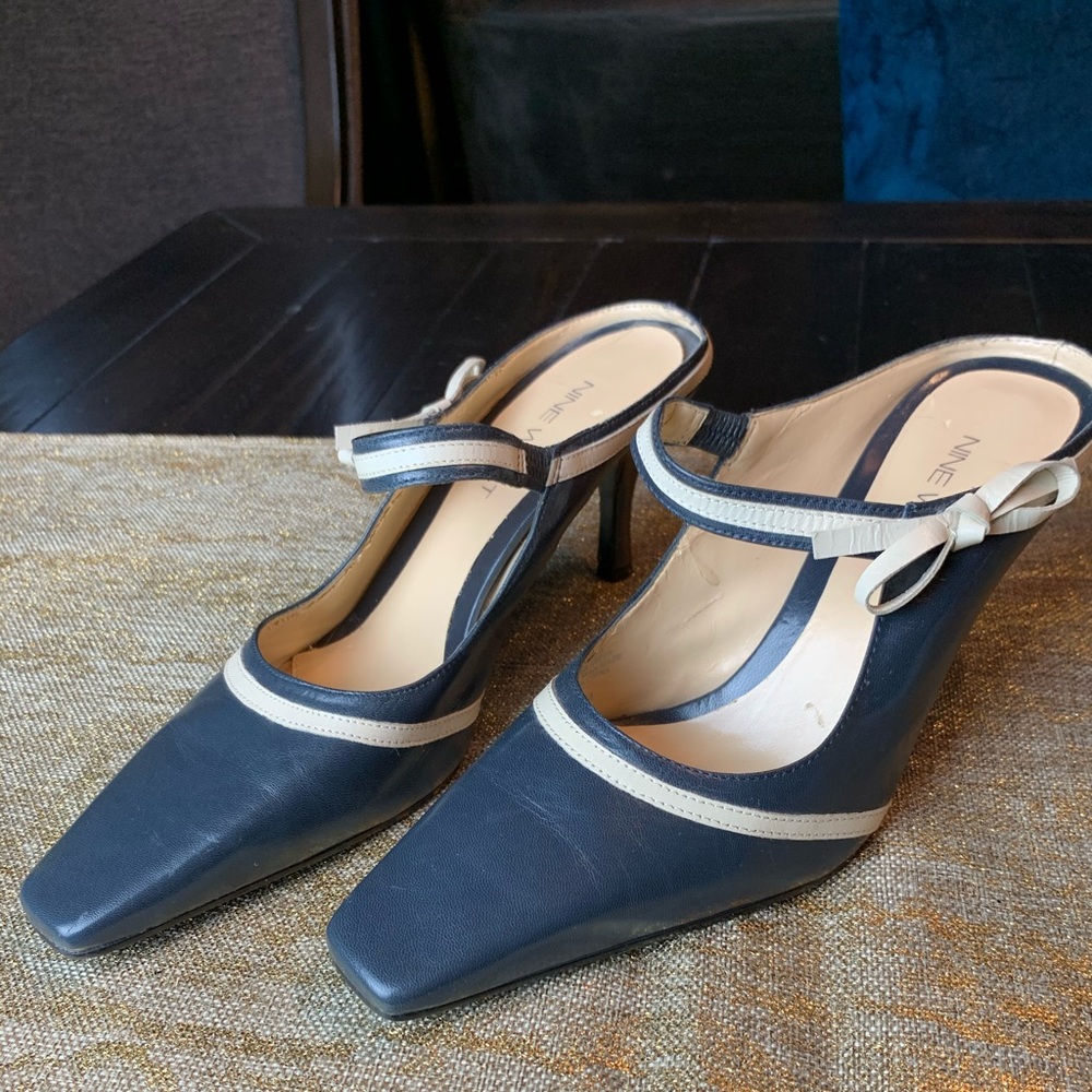 Nine West navy and cream open back heels!